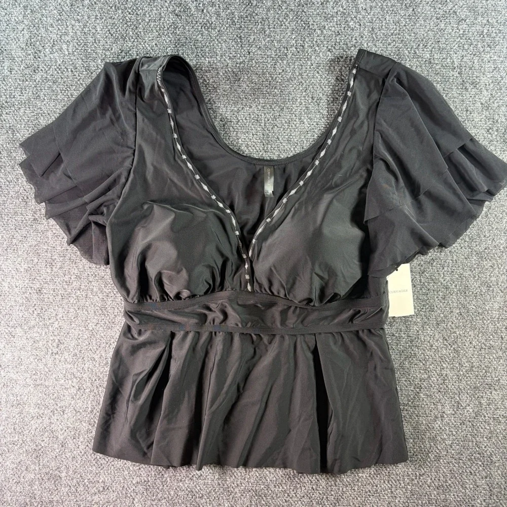 Curvagile Swim Top Women Size 1 Black Ruffle Sleeve Peplum Tankini NWT Plus Size